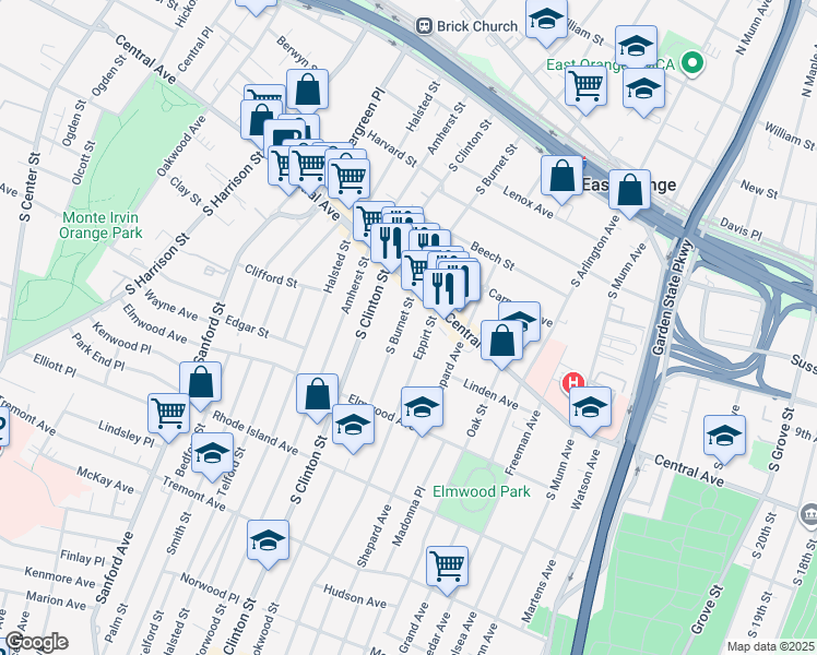 map of restaurants, bars, coffee shops, grocery stores, and more near 242 South Burnet Street in East Orange