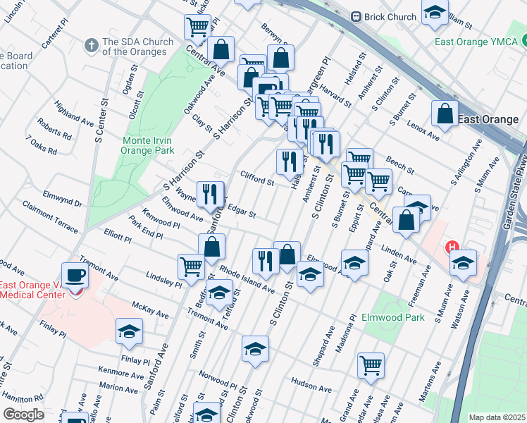 map of restaurants, bars, coffee shops, grocery stores, and more near 47 Irving Street in East Orange