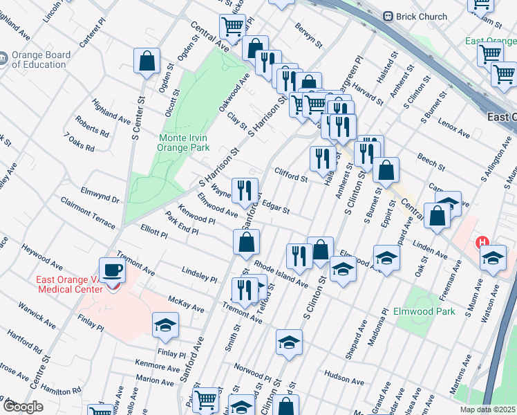 map of restaurants, bars, coffee shops, grocery stores, and more near 150 Sanford Street in East Orange
