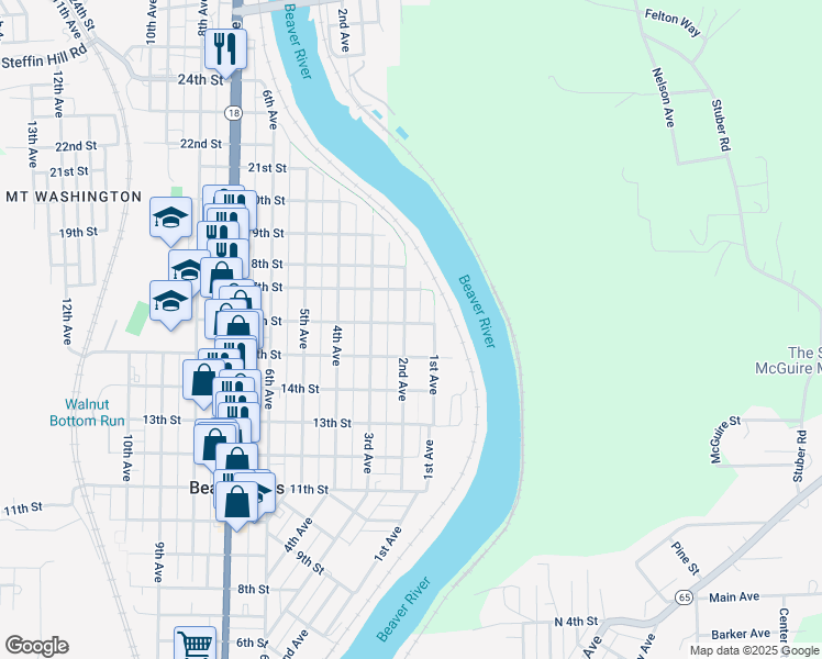map of restaurants, bars, coffee shops, grocery stores, and more near 1519 2nd Avenue in Beaver Falls