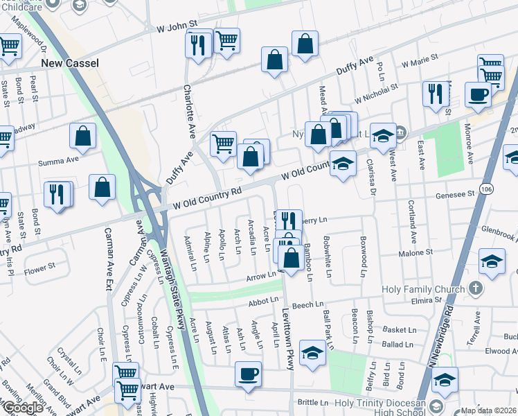 map of restaurants, bars, coffee shops, grocery stores, and more near 51 Acre Lane in Hicksville