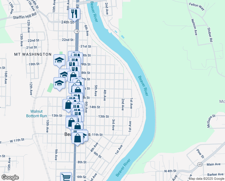 map of restaurants, bars, coffee shops, grocery stores, and more near 1525 3rd Avenue in Beaver Falls