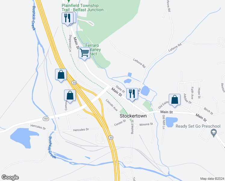 map of restaurants, bars, coffee shops, grocery stores, and more near 320 Main Street in Tatamy