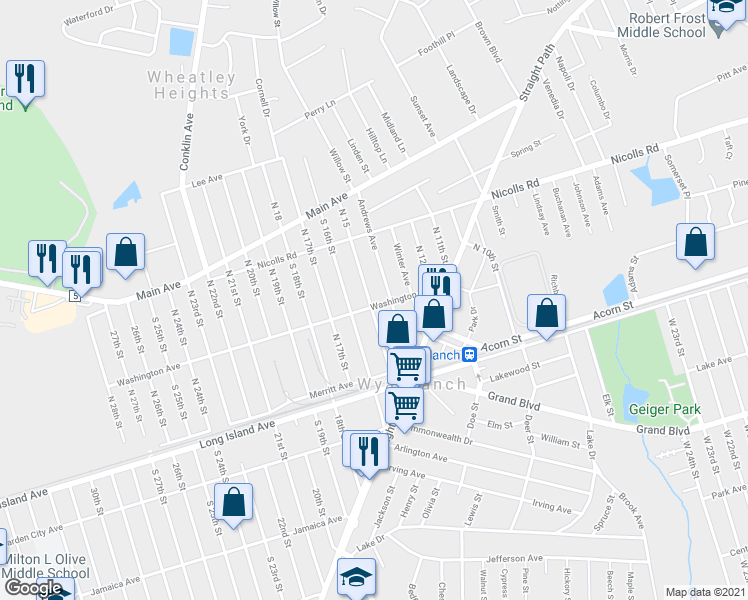 map of restaurants, bars, coffee shops, grocery stores, and more near 31 Washington Avenue in Wheatley Heights