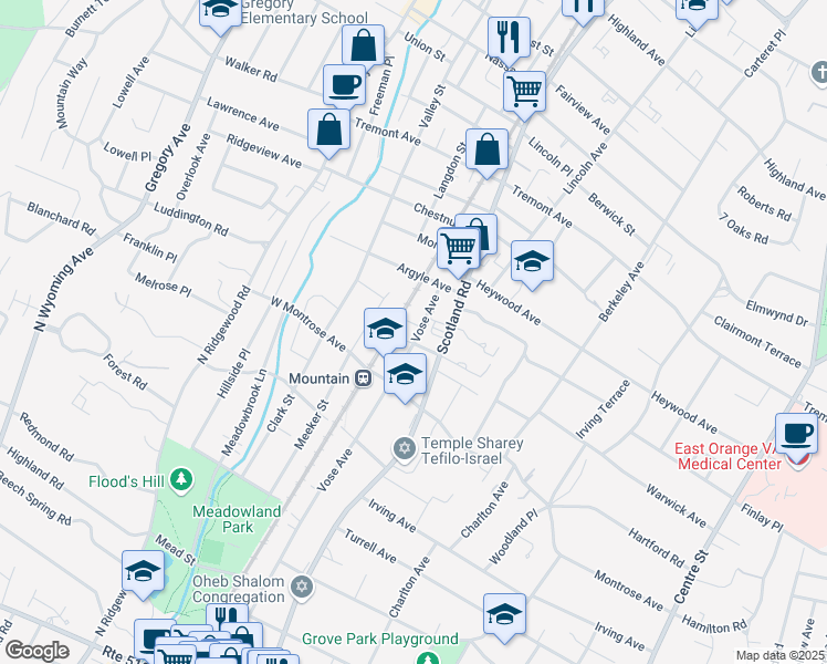 map of restaurants, bars, coffee shops, grocery stores, and more near 787 Vose Avenue in South Orange