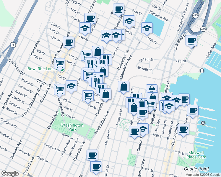 map of restaurants, bars, coffee shops, grocery stores, and more near 912 Palisade Avenue in Union City