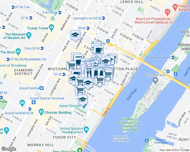 map of restaurants, bars, coffee shops, grocery stores, and more near 307 East 53rd Street in New York