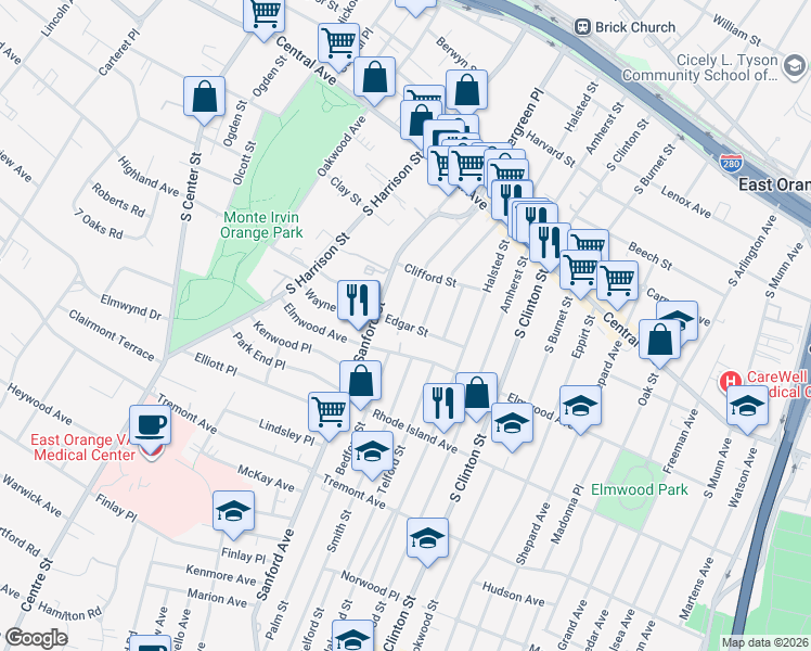 map of restaurants, bars, coffee shops, grocery stores, and more near 49 Edgar Street in East Orange