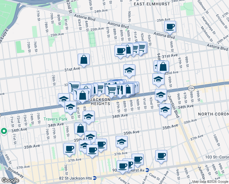 map of restaurants, bars, coffee shops, grocery stores, and more near 32-50 87th Street in Queens