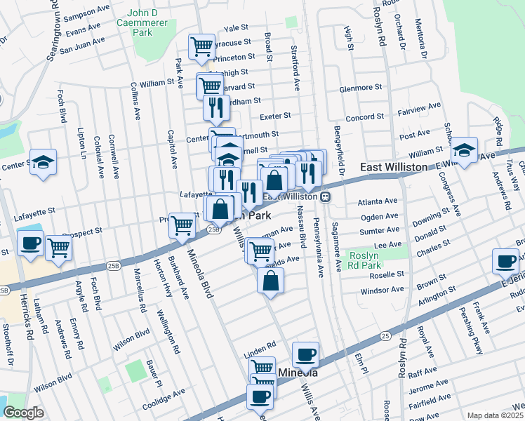 map of restaurants, bars, coffee shops, grocery stores, and more near 117 Hillside Avenue in Williston Park