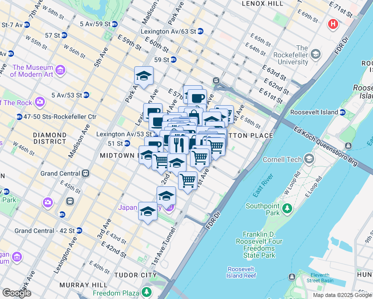 map of restaurants, bars, coffee shops, grocery stores, and more near 313 East 53rd Street in New York