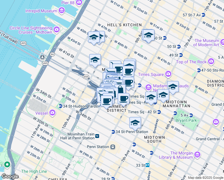 map of restaurants, bars, coffee shops, grocery stores, and more near 510 9th Avenue in New York