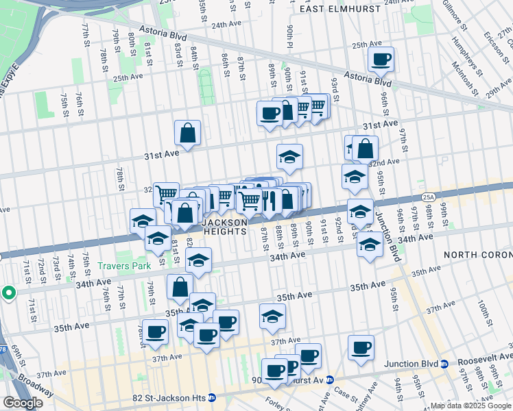 map of restaurants, bars, coffee shops, grocery stores, and more near in Queens