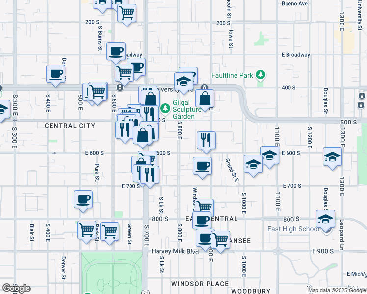 map of restaurants, bars, coffee shops, grocery stores, and more near 567 South 800 East in Salt Lake City