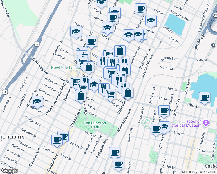 map of restaurants, bars, coffee shops, grocery stores, and more near 613 Bergenline Avenue in Union City