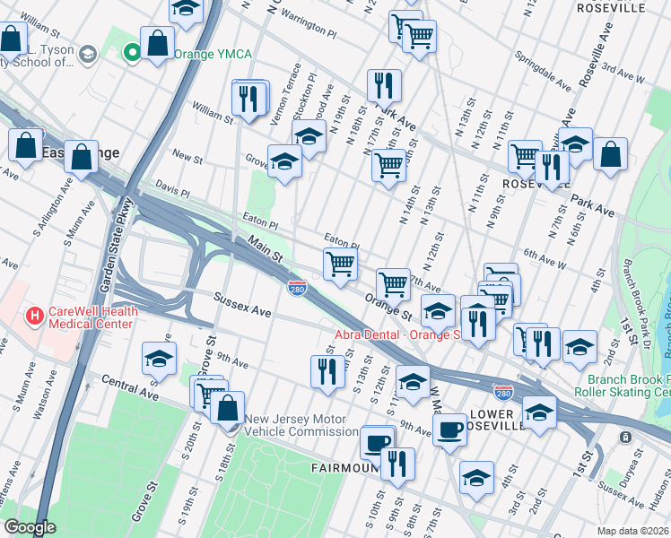 map of restaurants, bars, coffee shops, grocery stores, and more near 44 Doctor Martin Luther King Junior Boulevard in East Orange