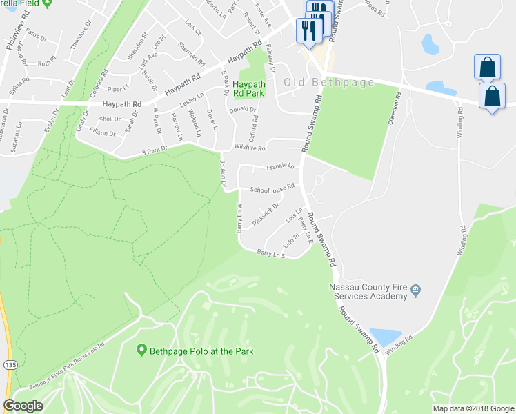 map of restaurants, bars, coffee shops, grocery stores, and more near 10 Stan Court in Old Bethpage