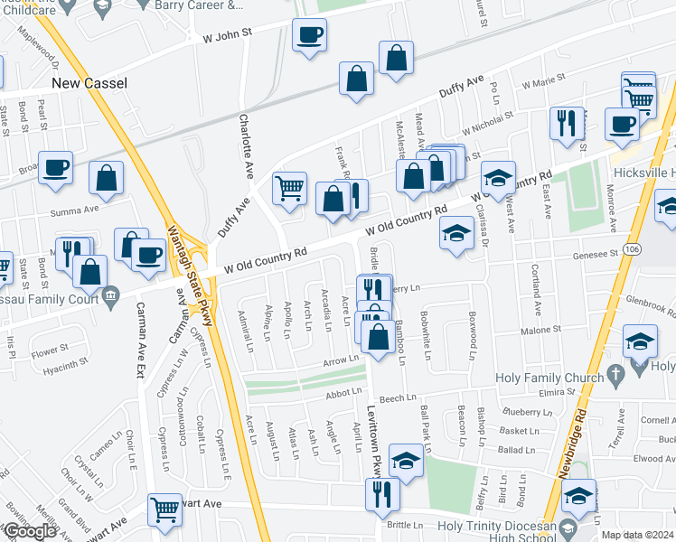 map of restaurants, bars, coffee shops, grocery stores, and more near 51 Acre Lane in Hicksville
