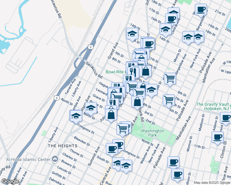 map of restaurants, bars, coffee shops, grocery stores, and more near 57 Hague Street in Jersey City