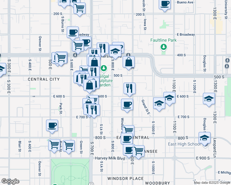 map of restaurants, bars, coffee shops, grocery stores, and more near 567 South 800 East in Salt Lake City