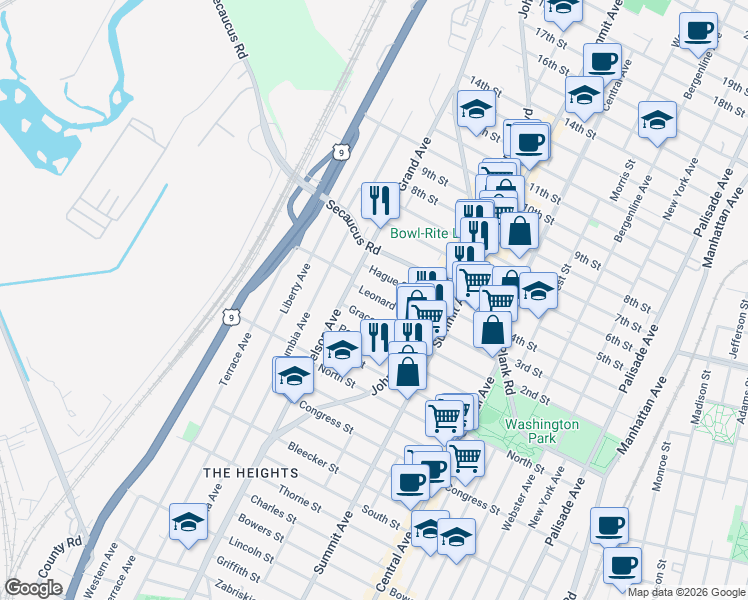 map of restaurants, bars, coffee shops, grocery stores, and more near 136 Grace Street in Jersey City