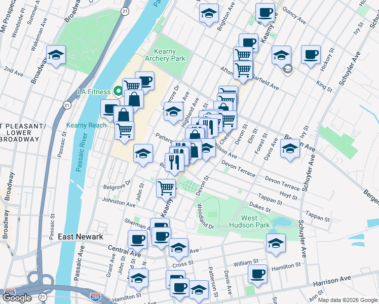 map of restaurants, bars, coffee shops, grocery stores, and more near 112 Maple Street in Kearny