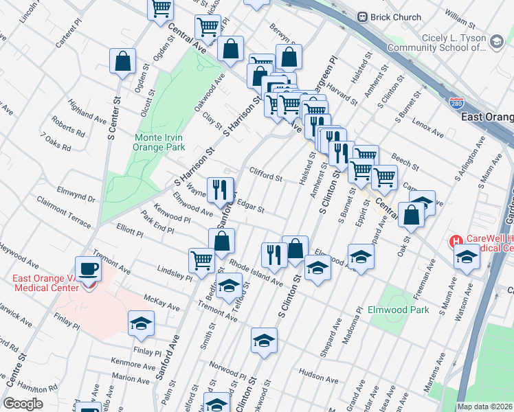 map of restaurants, bars, coffee shops, grocery stores, and more near 49 Edgar Street in East Orange