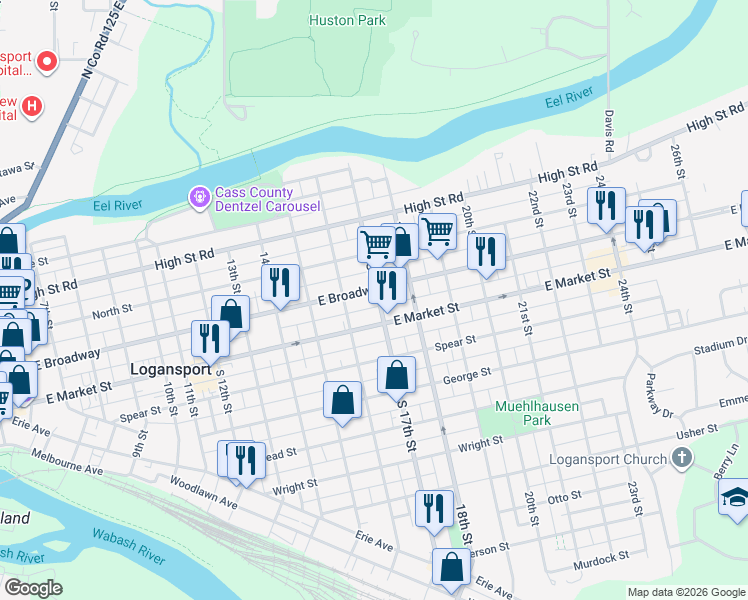 map of restaurants, bars, coffee shops, grocery stores, and more near 316 17th Street in Logansport