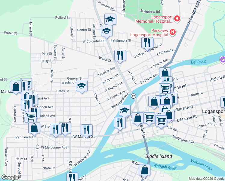map of restaurants, bars, coffee shops, grocery stores, and more near 135 W Miami Ave in Logansport