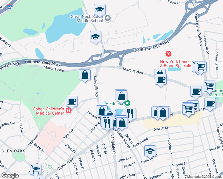 map of restaurants, bars, coffee shops, grocery stores, and more near 450 Lakeville Road in New Hyde Park
