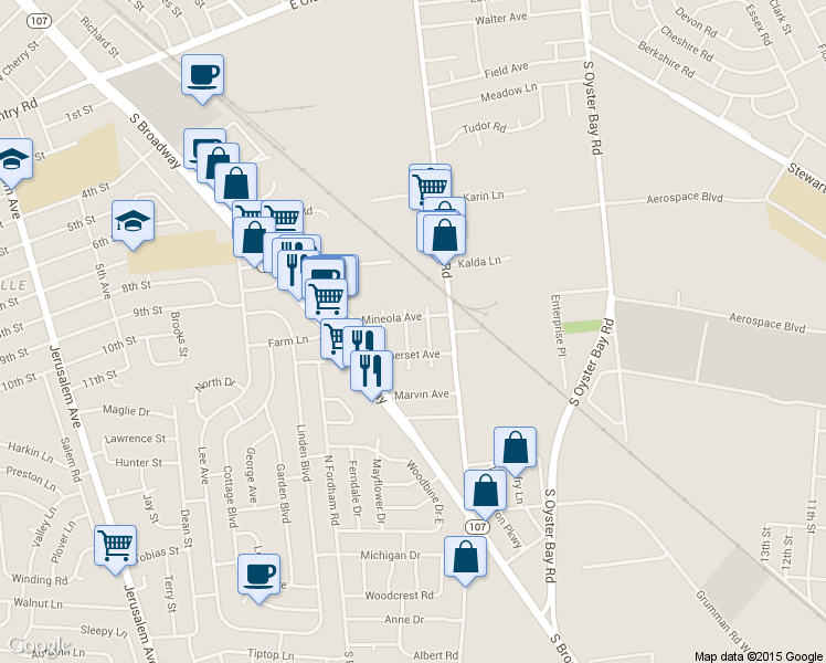 map of restaurants, bars, coffee shops, grocery stores, and more near 23 Power Street in Hicksville
