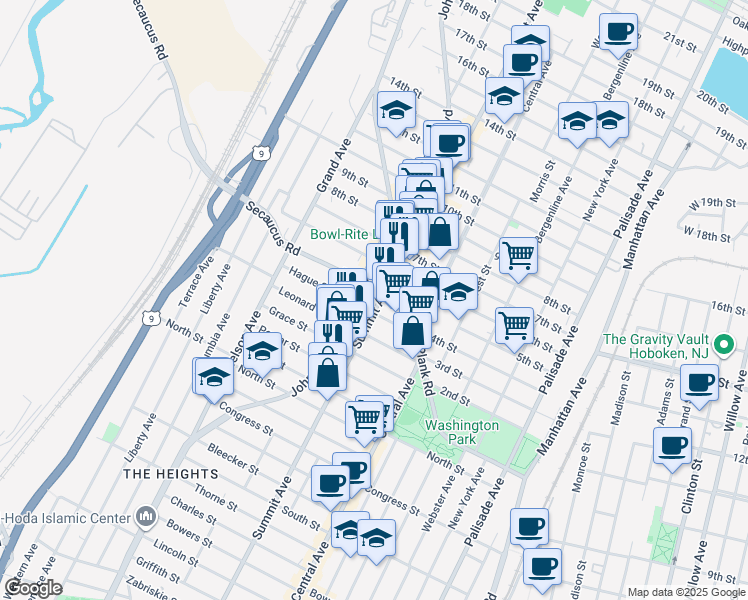 map of restaurants, bars, coffee shops, grocery stores, and more near 1209 Summit Avenue in Jersey City