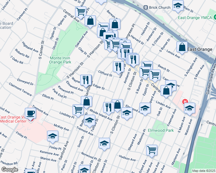map of restaurants, bars, coffee shops, grocery stores, and more near 47 Irving Street in East Orange