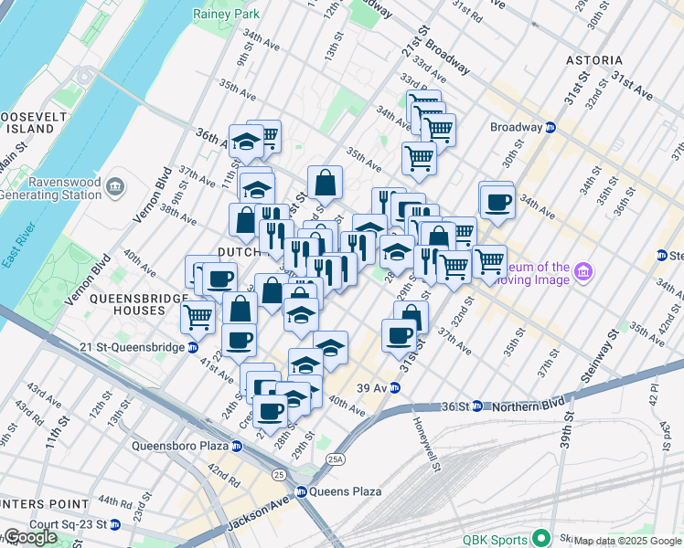 map of restaurants, bars, coffee shops, grocery stores, and more near 37-10 Crescent Street in Queens