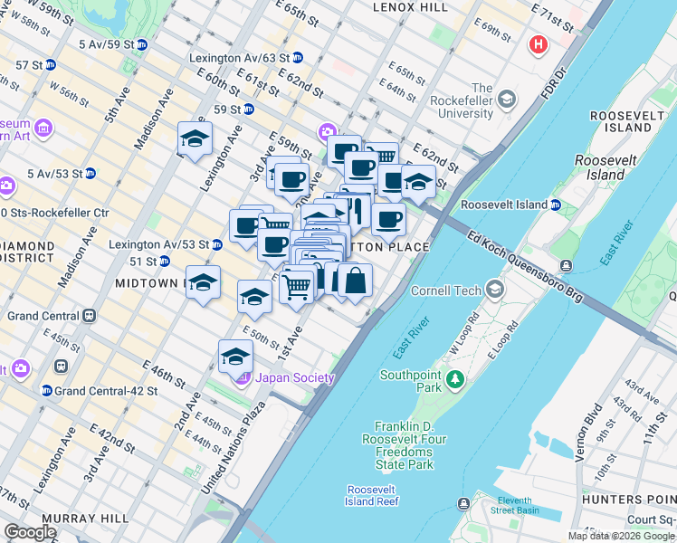 map of restaurants, bars, coffee shops, grocery stores, and more near 400 East 55th Street in New York