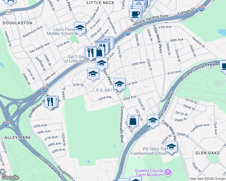 map of restaurants, bars, coffee shops, grocery stores, and more near 246-20 61st Avenue in Queens