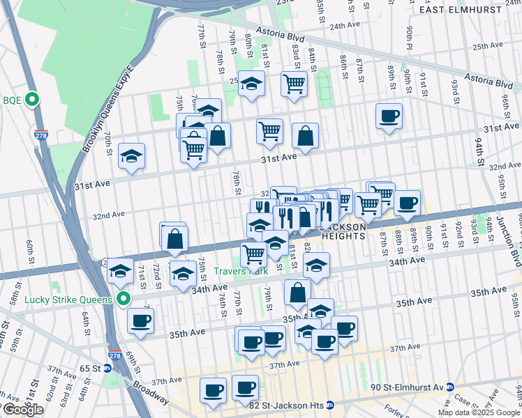 map of restaurants, bars, coffee shops, grocery stores, and more near 32-30 79th Street in Queens