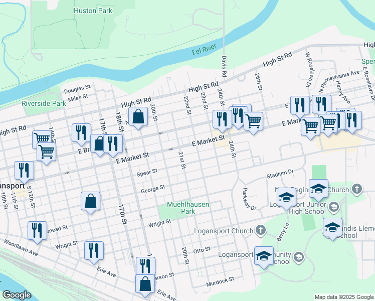 map of restaurants, bars, coffee shops, grocery stores, and more near 416 21st Street in Logansport