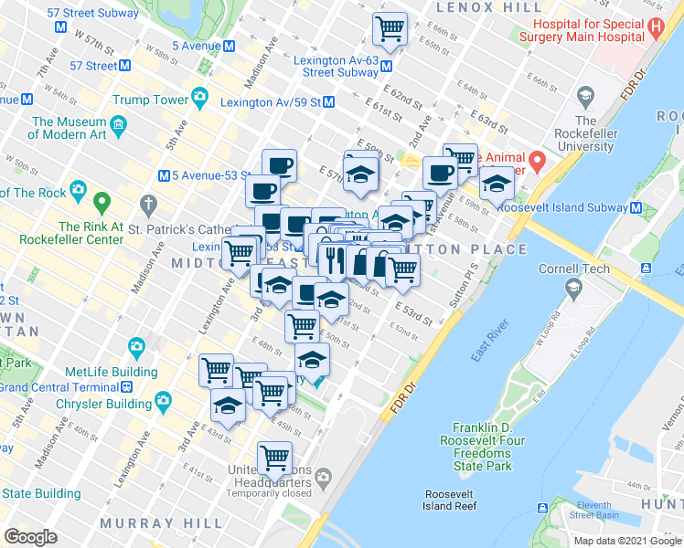 map of restaurants, bars, coffee shops, grocery stores, and more near 2nd Ave & E 53rd St in New York