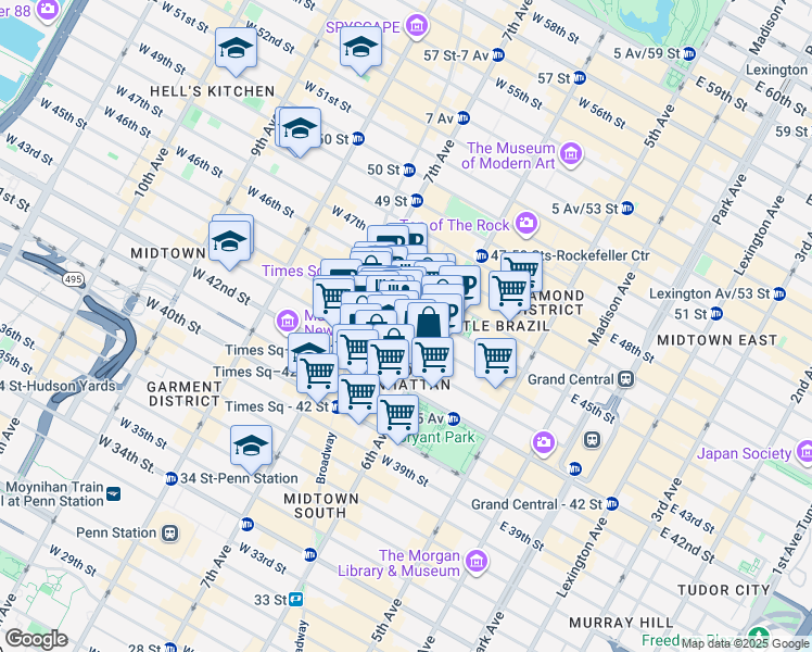 map of restaurants, bars, coffee shops, grocery stores, and more near 123 West 44th Street in New York