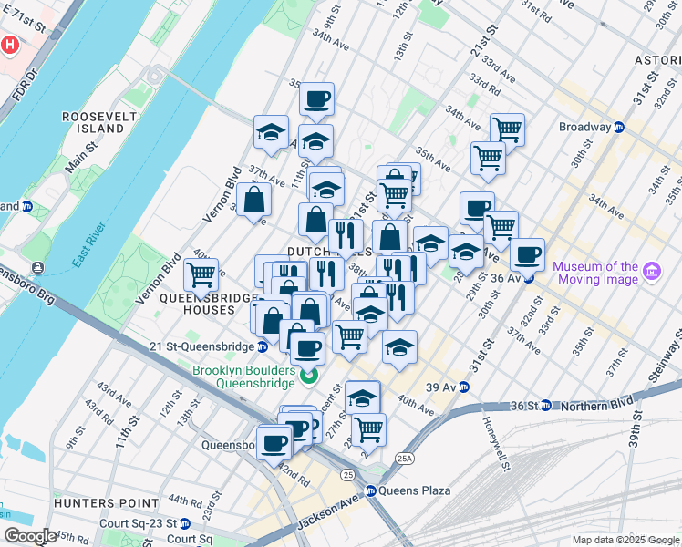 map of restaurants, bars, coffee shops, grocery stores, and more near 38-22 22nd Street in Queens