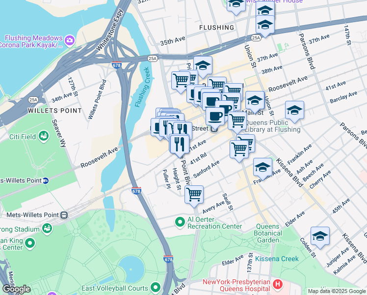 map of restaurants, bars, coffee shops, grocery stores, and more near 40-49 College Point Boulevard in Queens