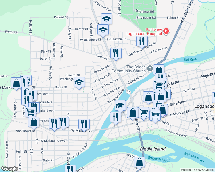 map of restaurants, bars, coffee shops, grocery stores, and more near 135 W Miami Ave in Logansport