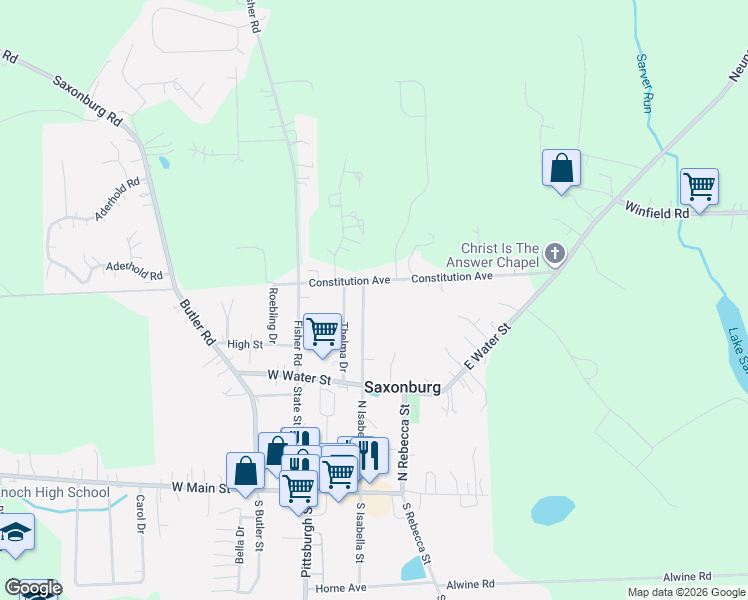 map of restaurants, bars, coffee shops, grocery stores, and more near 275 Thelma Drive in Saxonburg
