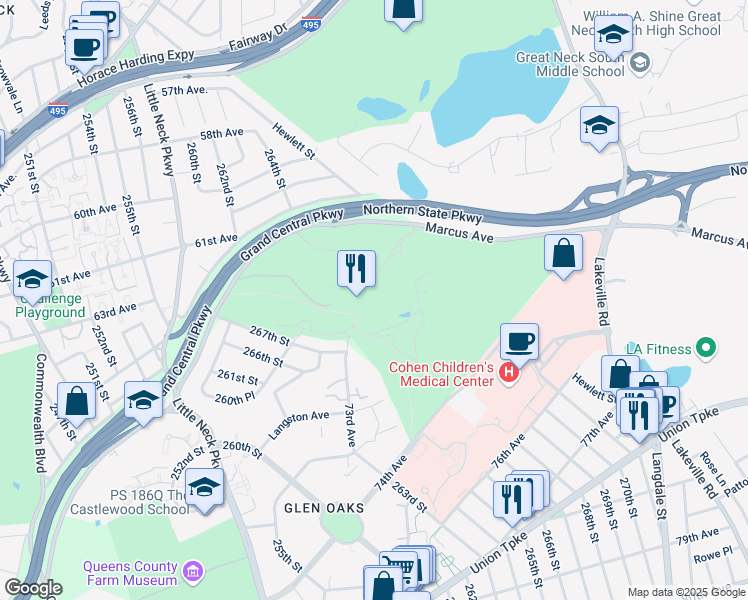 map of restaurants, bars, coffee shops, grocery stores, and more near 269 Grand Central Parkway in Queens