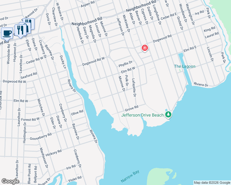 map of restaurants, bars, coffee shops, grocery stores, and more near 61 Locust Drive in Mastic Beach