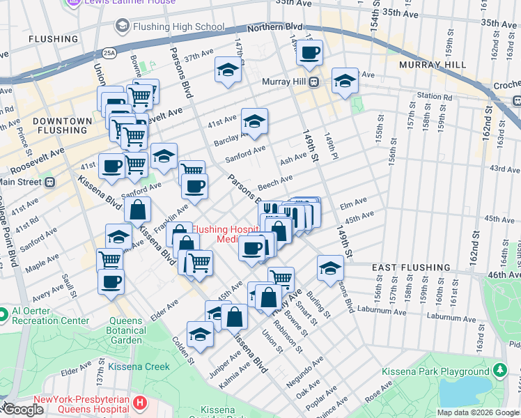 map of restaurants, bars, coffee shops, grocery stores, and more near 146-17 Delaware Avenue in Queens