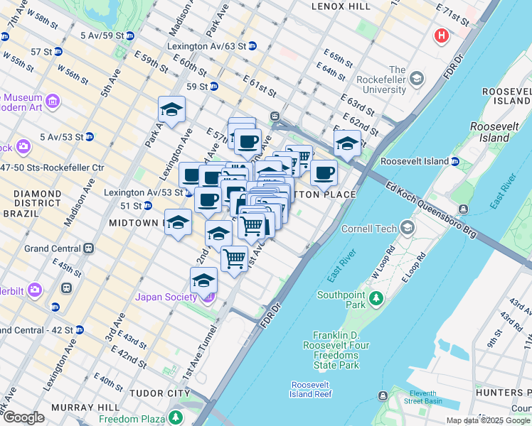 map of restaurants, bars, coffee shops, grocery stores, and more near 966 1st Avenue in New York