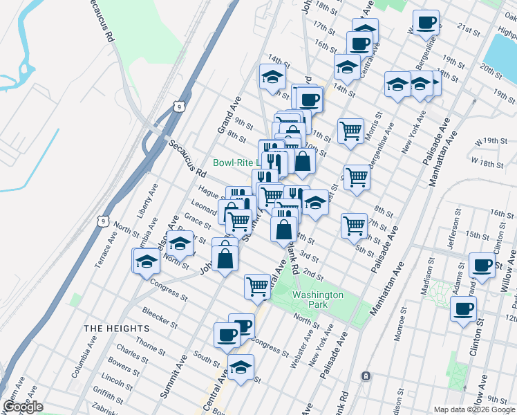 map of restaurants, bars, coffee shops, grocery stores, and more near 1212 Summit Avenue in Jersey City