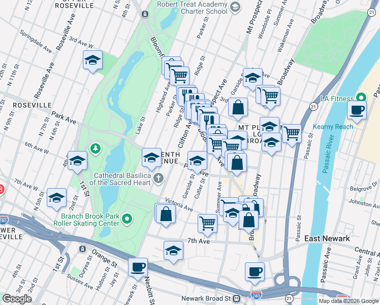 map of restaurants, bars, coffee shops, grocery stores, and more near in Newark